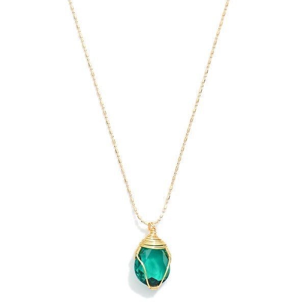 Gold Tone Ball Chain Necklace Featuring Wire Wrapped Glass Crystal Pendant - The Mustard Seed Collection, The Seed