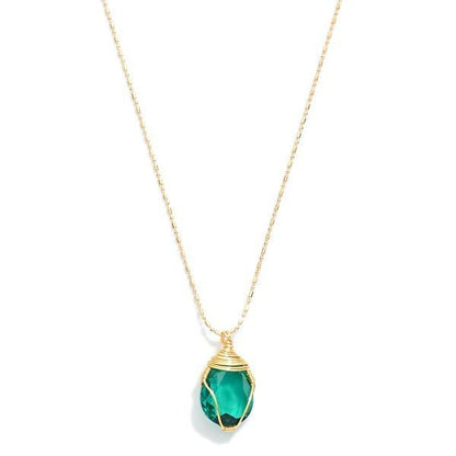 Gold Tone Ball Chain Necklace Featuring Wire Wrapped Glass Crystal Pendant - The Mustard Seed Collection, The Seed