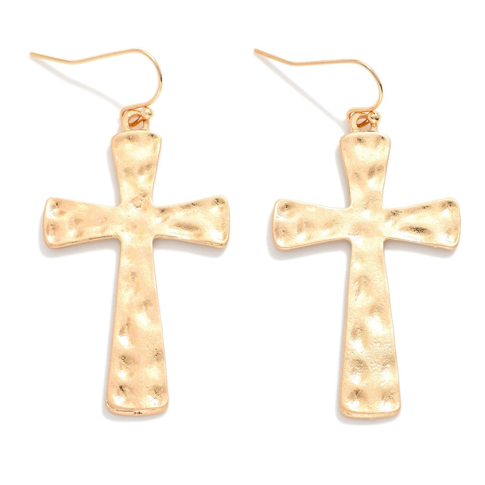 Hammered Metal Cross Drop Earrings Gold