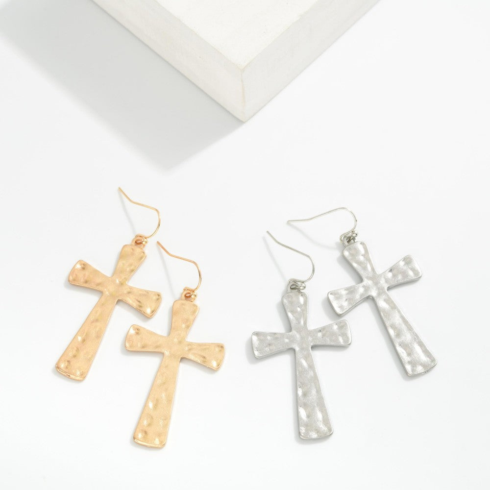 Hammered Metal Cross Drop Earrings