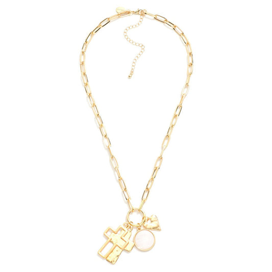 Metal Paperclip Chain Link Necklace Featuring Cross, Heart and Pearlescent Circle Pendants Gold