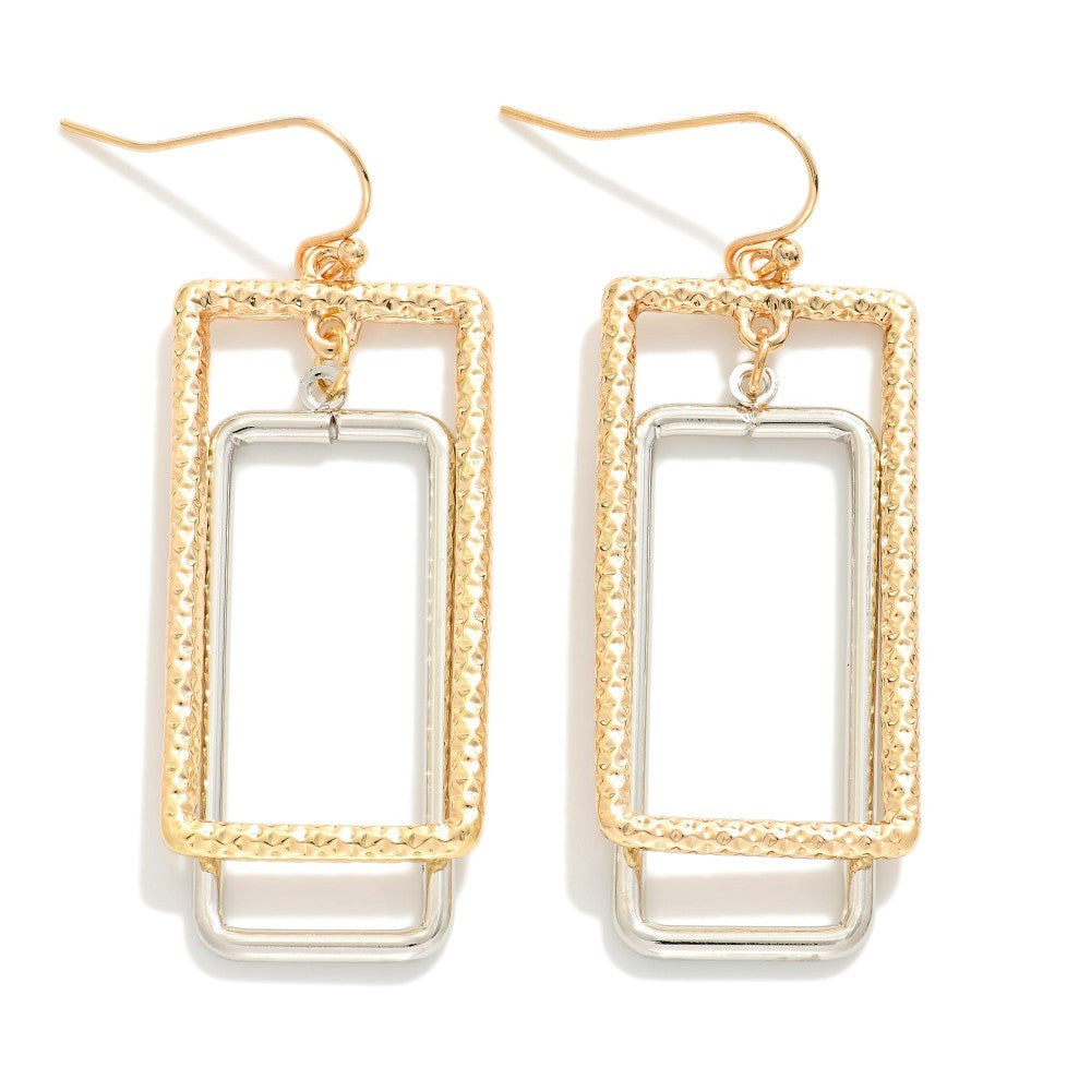 Textured Metal Nesting Rectangles Drop Earrings Gold Silver