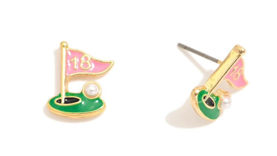 Metal Golf Stud Earrings Hole 18 Flag