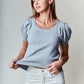 Gray Scallop Edge Puff Sleeve Crop Knit Sweater