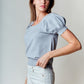 Gray Scallop Edge Puff Sleeve Crop Knit Sweater