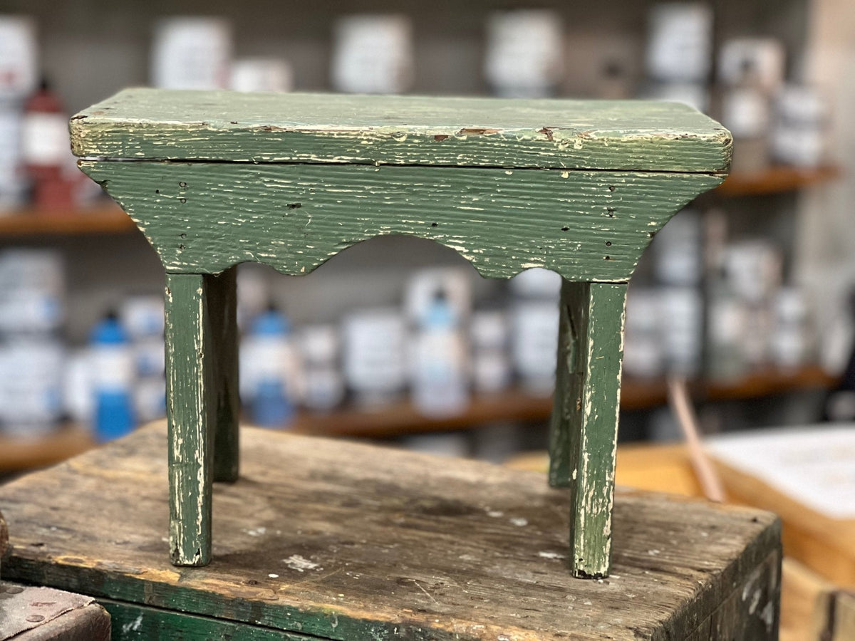 Green Scalloped Primitive Stool - The Mustard Seed Collection, The Seed