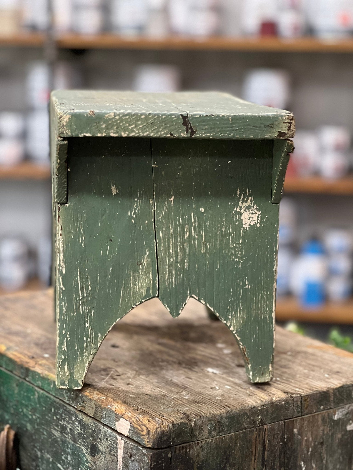 Green Scalloped Primitive Stool - The Mustard Seed Collection, The Seed