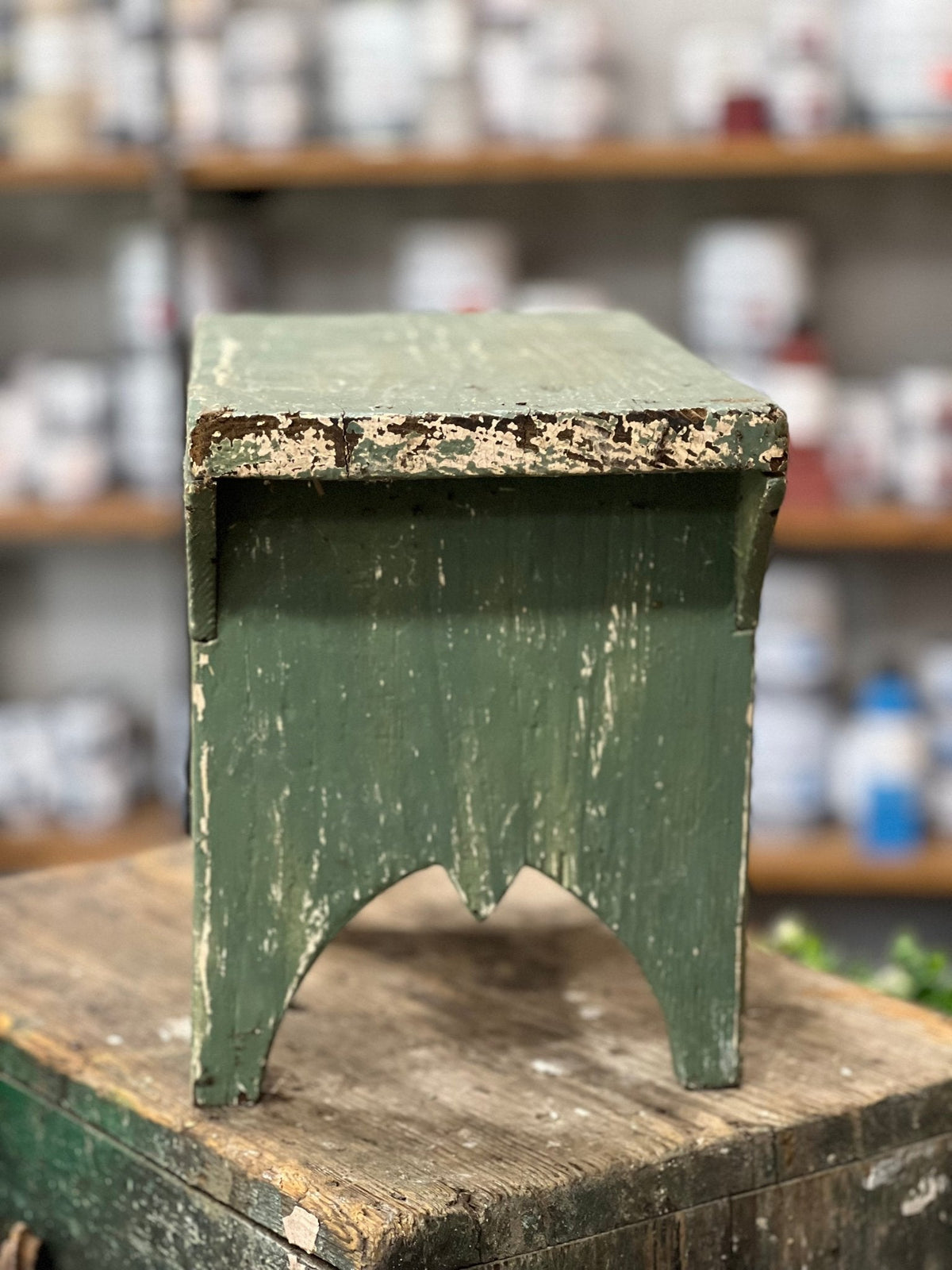 Green Scalloped Primitive Stool - The Mustard Seed Collection, The Seed