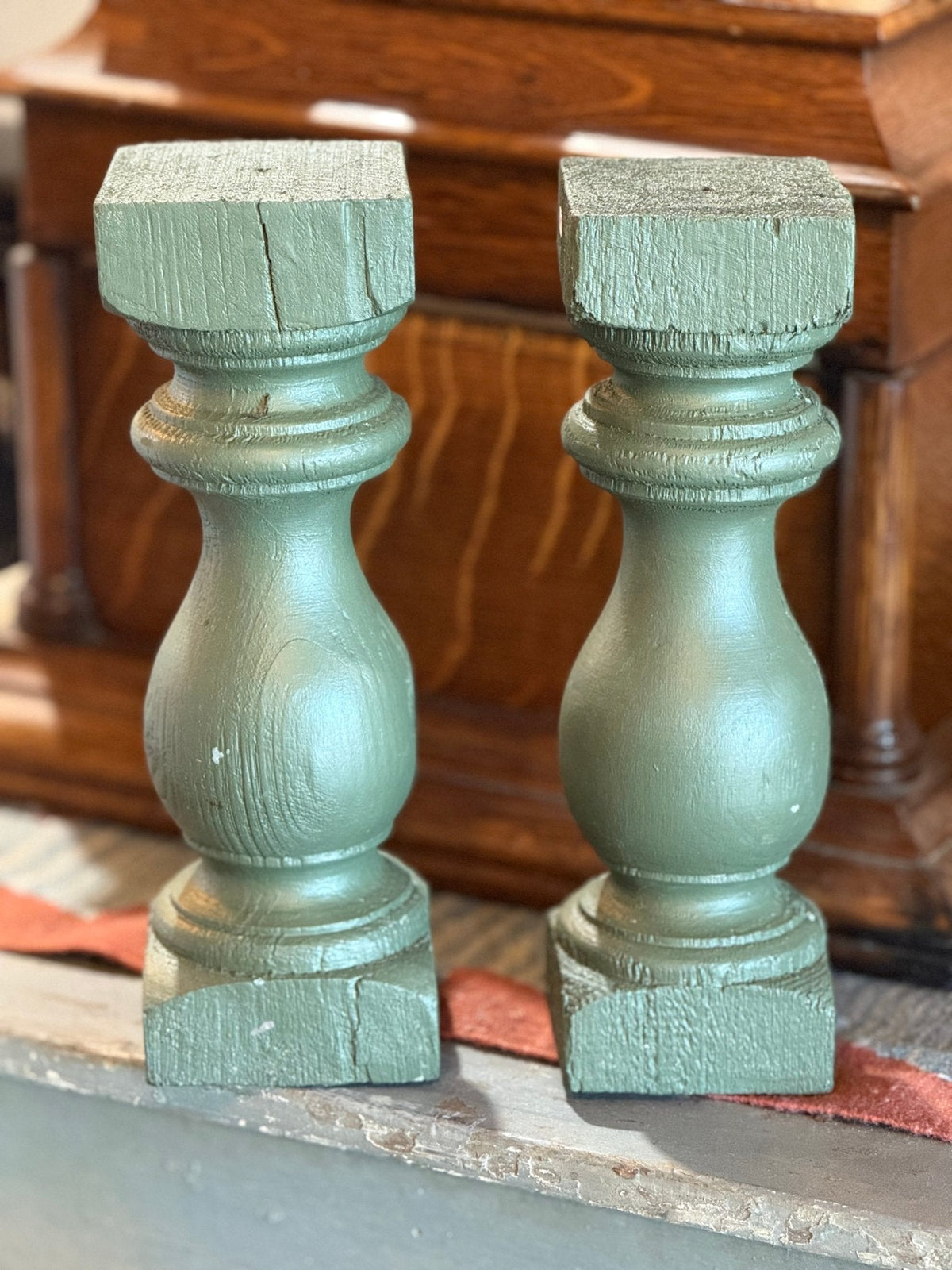 Green Wooden Balusters / Candle Holders - The Mustard Seed Collection, The Seed