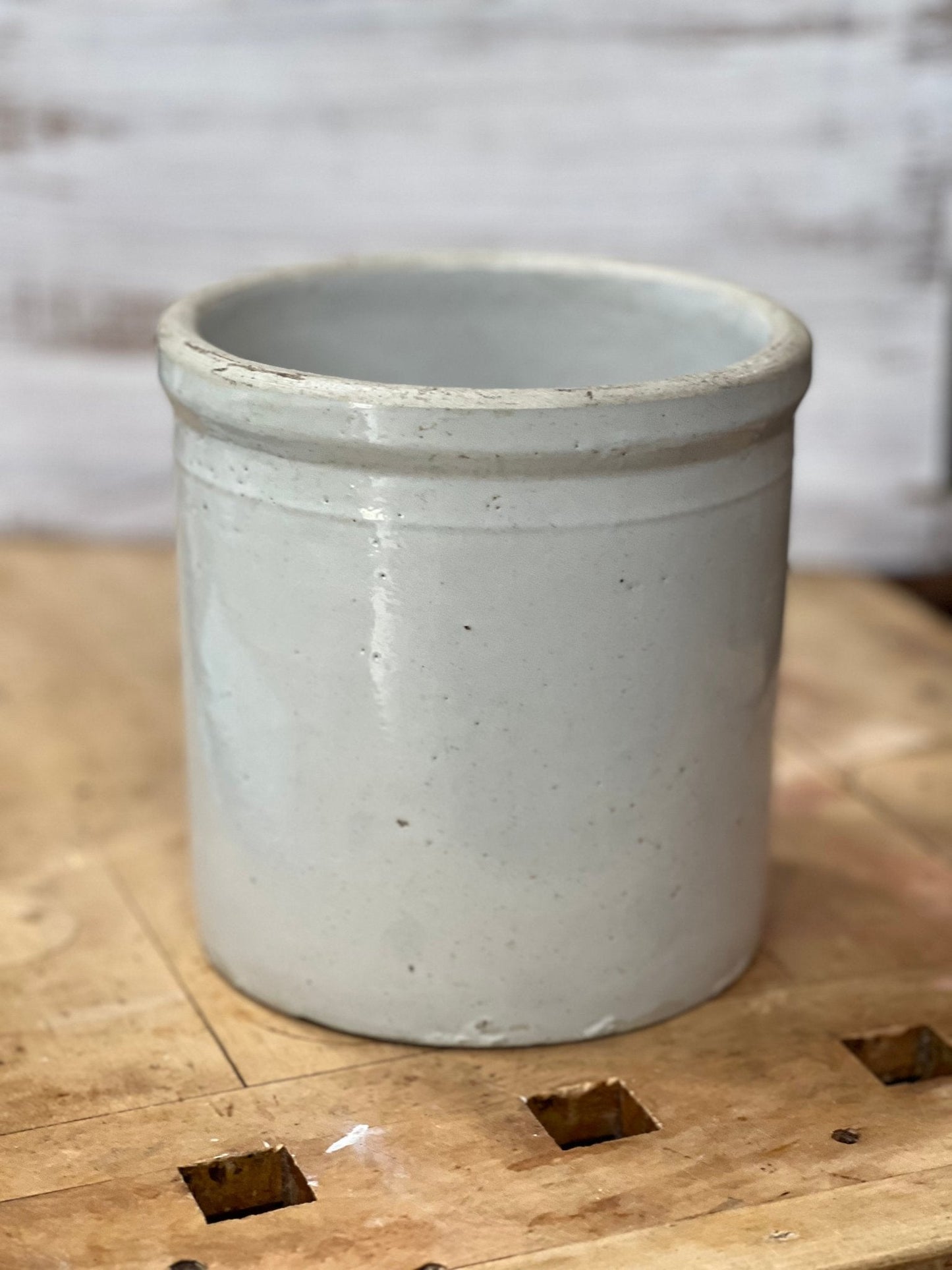 Grey Stoneware Crock with Cobalt Blue Blossoms 