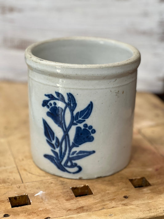 Grey Stoneware Crock with Cobalt Blue Blossoms - The Mustard Seed Collection, The Seed
