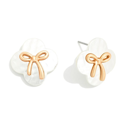 Hammered Matte Metal Clover Post Earrings Featuring Bow Detail - The Mustard Seed Collection, The Seed