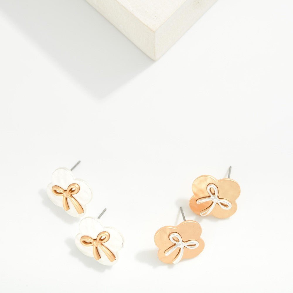Hammered Matte Metal Clover Post Earrings Featuring Bow Detail 