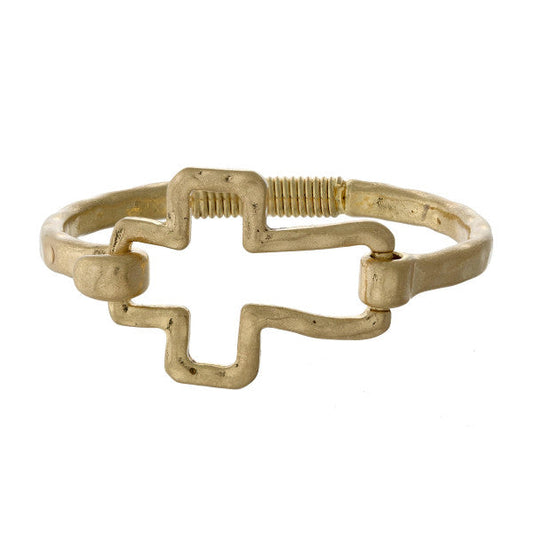 Hammered Metal Hinge Bracelet with Cross Gold