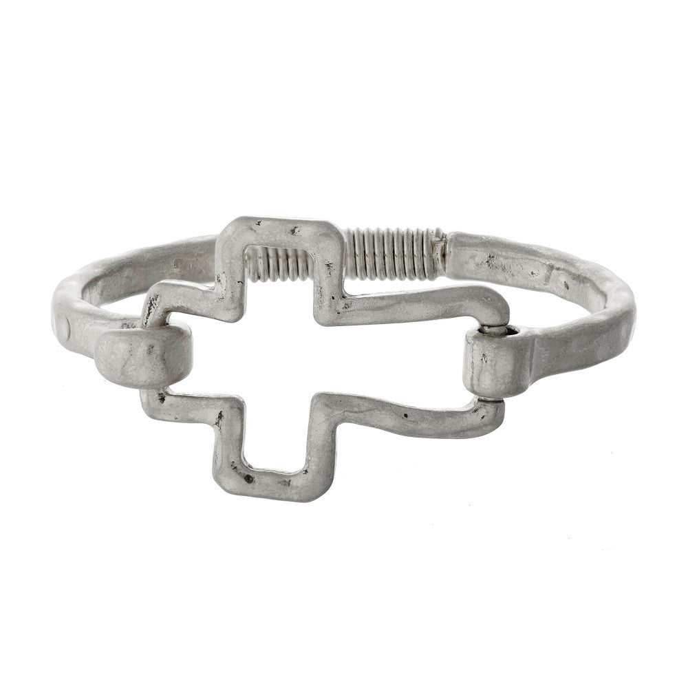 Hammered Metal Hinge Bracelet with Cross Silver