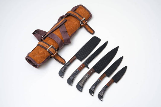 Hand-Forged 5-Piece Kitchen Knife Set | Hammered Black Carbon Steel | Pakawood & Black WalnutHandles - The Mustard Seed Collection, The Seed