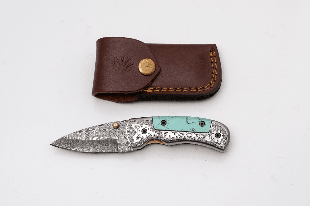 Hand-Forged Damascus Folder | Turquoise Handle, Engraved Bolster & Intricate Scrollwork - The Mustard Seed Collection, The Seed