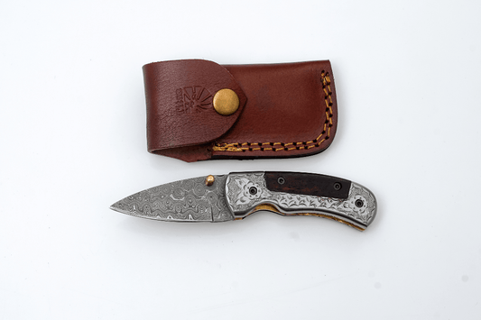 Hand-Forged Damascus Folding Knife | Engraved Bolster, Dark Wood Handle & Intricate Spine File Work