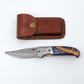 Hand-Forged Damascus Folding Pocket Knife | Blue Resin & Burl Wood Handle with Pocket Clip & Spine File Work - The Mustard Seed Collection, The Seed