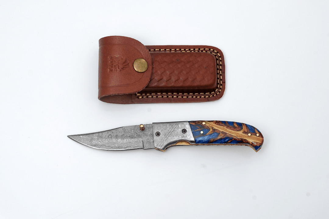 Hand-Forged Damascus Folding Pocket Knife | Blue Resin & Burl Wood Handle with Pocket Clip & Spine File Work - The Mustard Seed Collection, The Seed