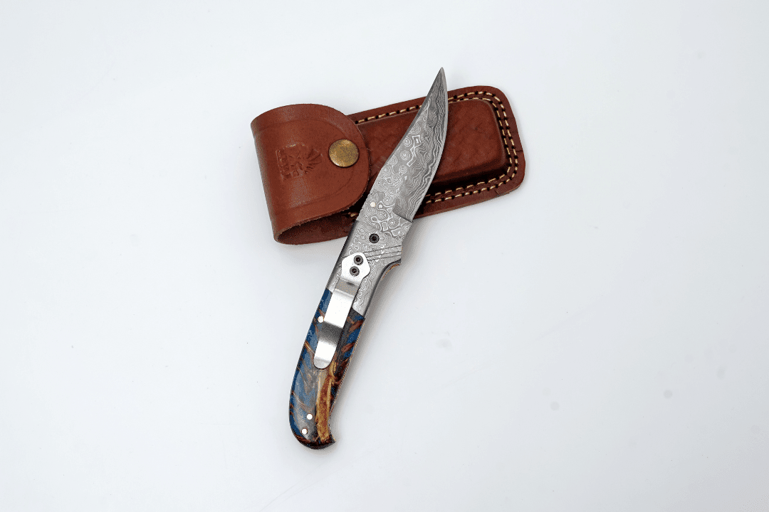 Hand-Forged Damascus Folding Pocket Knife | Blue Resin & Burl Wood Handle with Pocket Clip & Spine File Work - The Mustard Seed Collection, The Seed