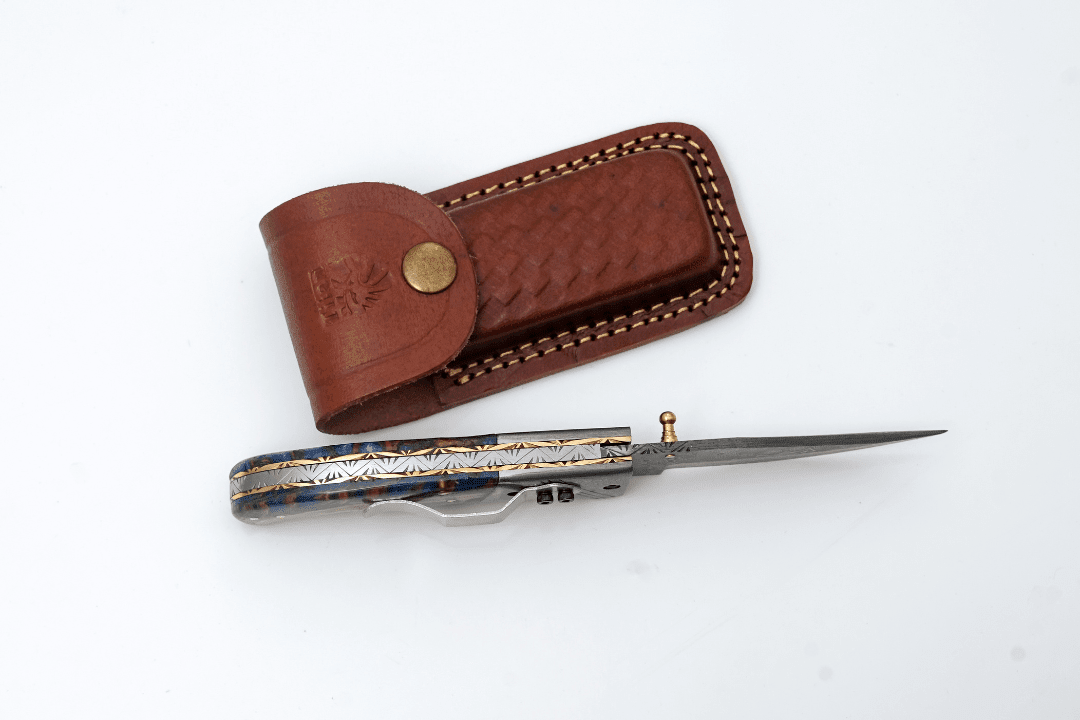 Hand-Forged Damascus Folding Pocket Knife | Blue Resin & Burl Wood Handle with Pocket Clip & Spine File Work - The Mustard Seed Collection, The Seed