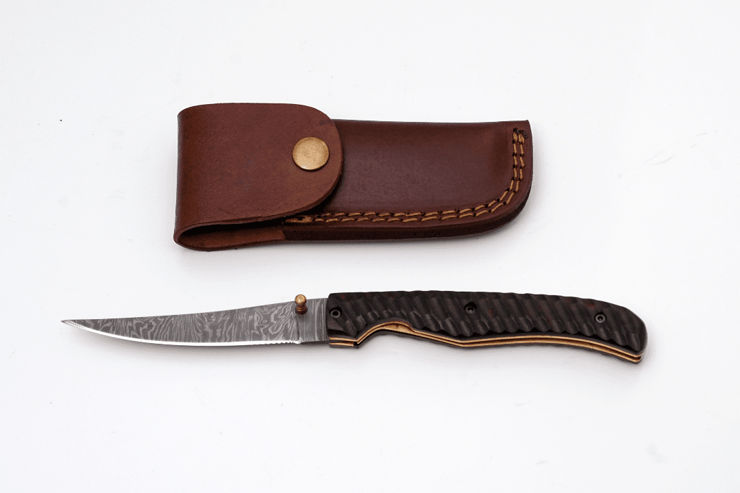 Hand-Forged Damascus Slim Folder | Textured Dark Wood Handle & Intricate Spine File Work - The Mustard Seed Collection, The Seed