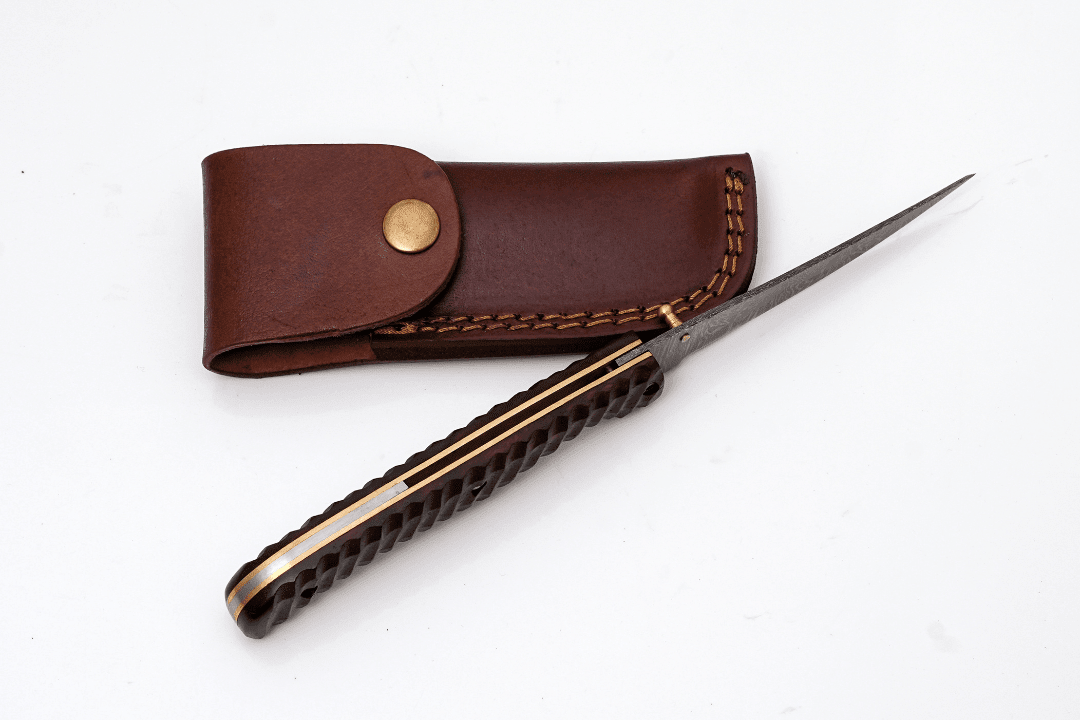 Hand-Forged Damascus Slim Folder | Textured Dark Wood Handle & Intricate Spine File Work - The Mustard Seed Collection, The Seed