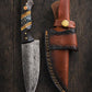 Hand-Forged Damascus Steel Drop Point Outdoor Knife | Diamond Wood, Black Honeycomb Resin Handle | Leather Sheath 