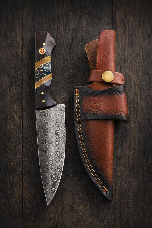 Hand-Forged Damascus Steel Drop Point Outdoor Knife | Diamond Wood, Black Honeycomb Resin Handle | Leather Sheath - The Mustard Seed Collection, The Seed