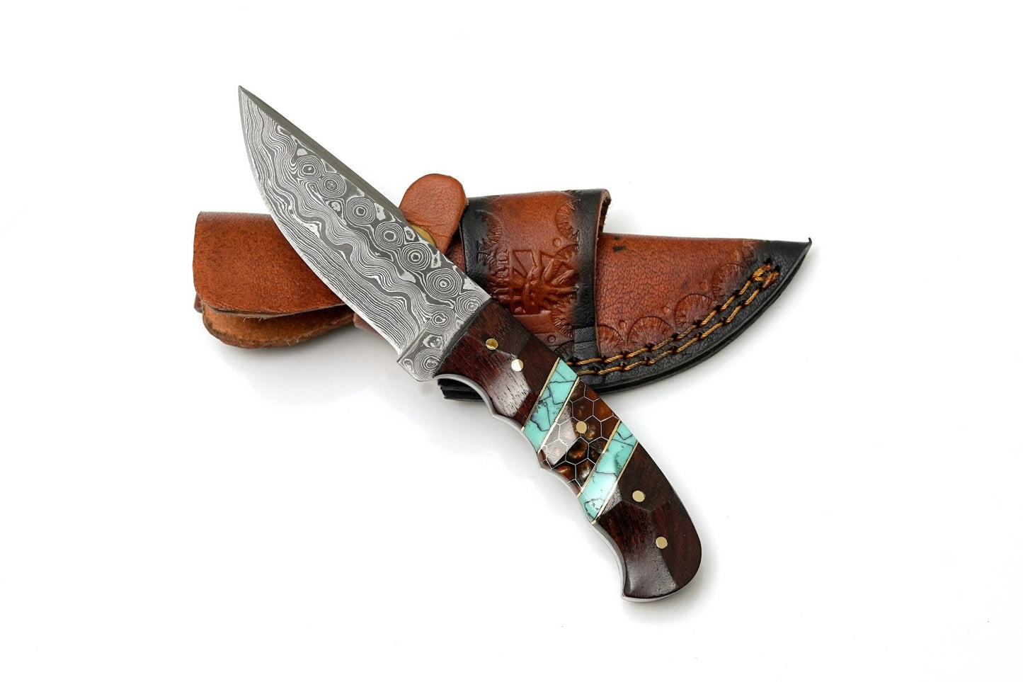 Hand-Forged Damascus Steel Skinner | Custom Amber Honeycomb & Turquoise Handle | Premium Western Field Knife 