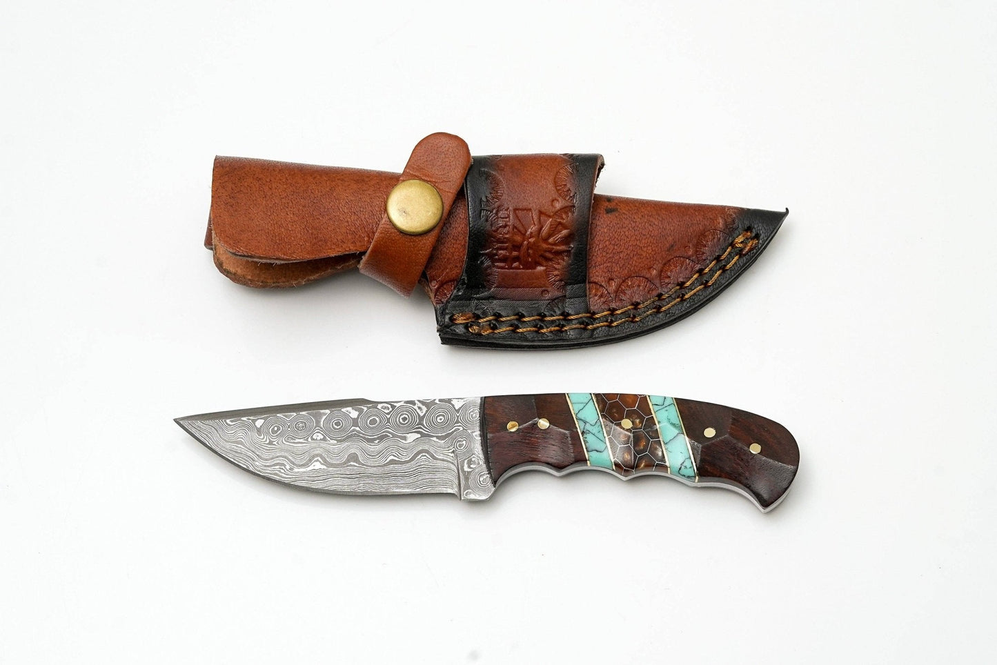 Hand-Forged Damascus Steel Skinner | Custom Amber Honeycomb & Turquoise Handle | Premium Western Field Knife 