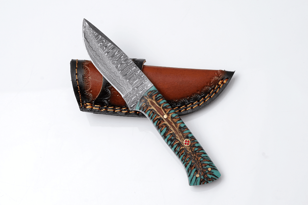 Hand-Forged Damascus Steel Skinner Knife — Stabilized Pine Cone & Teal Resin Handle with Mosaic Pin - The Mustard Seed Collection, The Seed