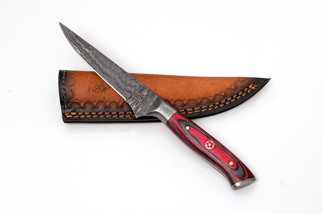 Hand-Forged Damascus Steel Skinning Knife | Red Pakkawood Handle & Mosaic Pin - The Mustard Seed Collection, The Seed