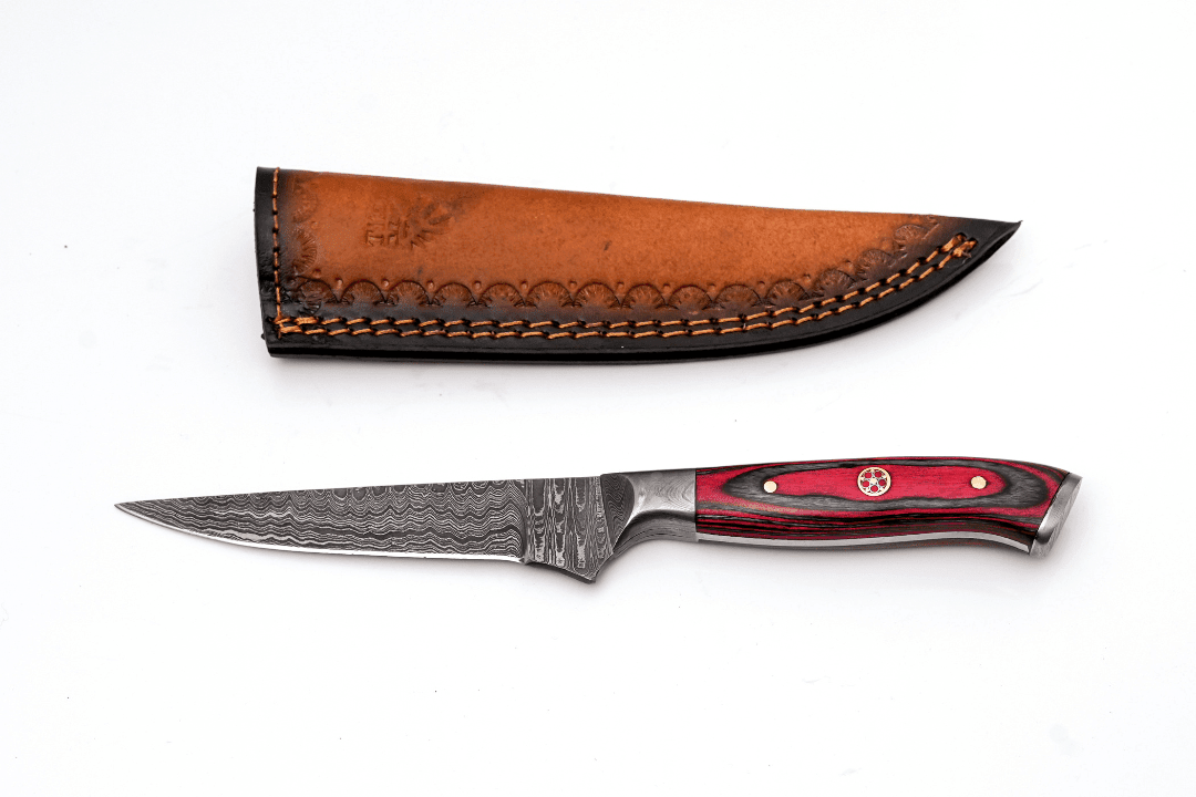 Hand-Forged Damascus Steel Skinning Knife | Red Pakkawood Handle & Mosaic Pin - The Mustard Seed Collection, The Seed