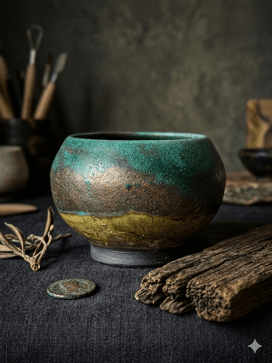 Hand-Thrown Textured Verdigris Ceramic Mini Teacup / Planter (2.25" x 3.25") 