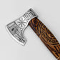 Handcrafted Viking Axe "Fenrir's Mark" — Engraved Carbon Steel Hatchet with Runic Carved Handle & Leather Sheath 