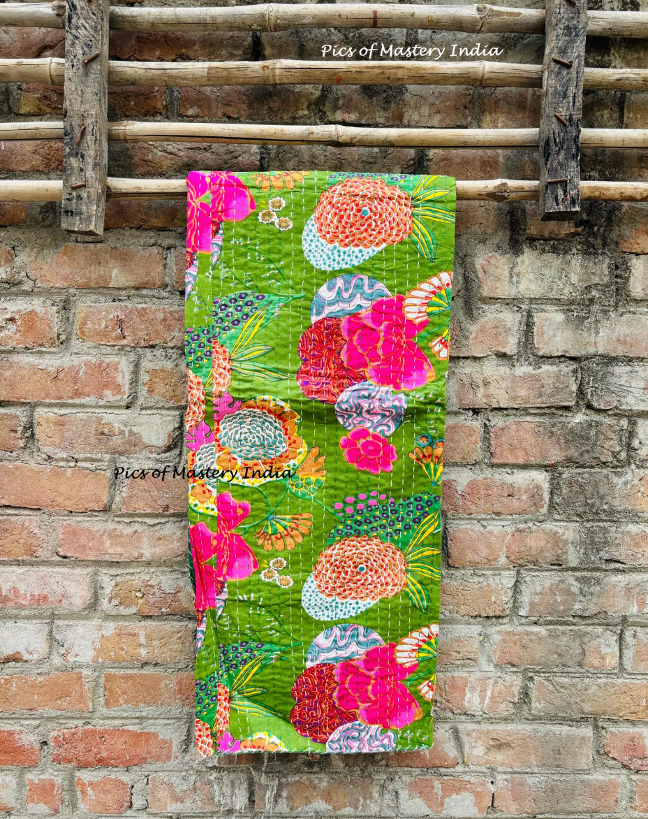 Handmade Indian Kantha Reversible Quilt - The Mustard Seed Collection, The Seed