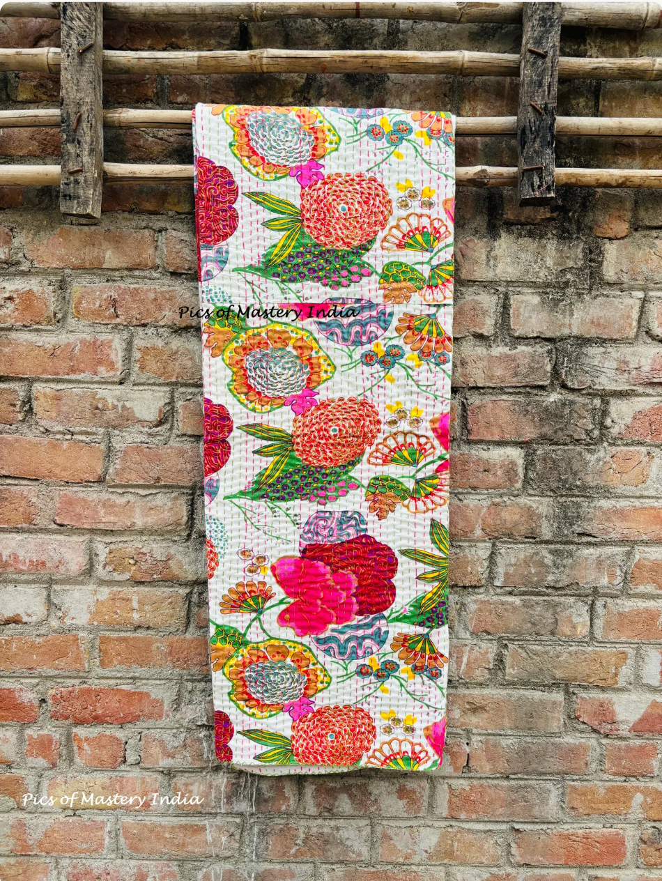 Handmade Indian Kantha Reversible Quilt - The Mustard Seed Collection, The Seed