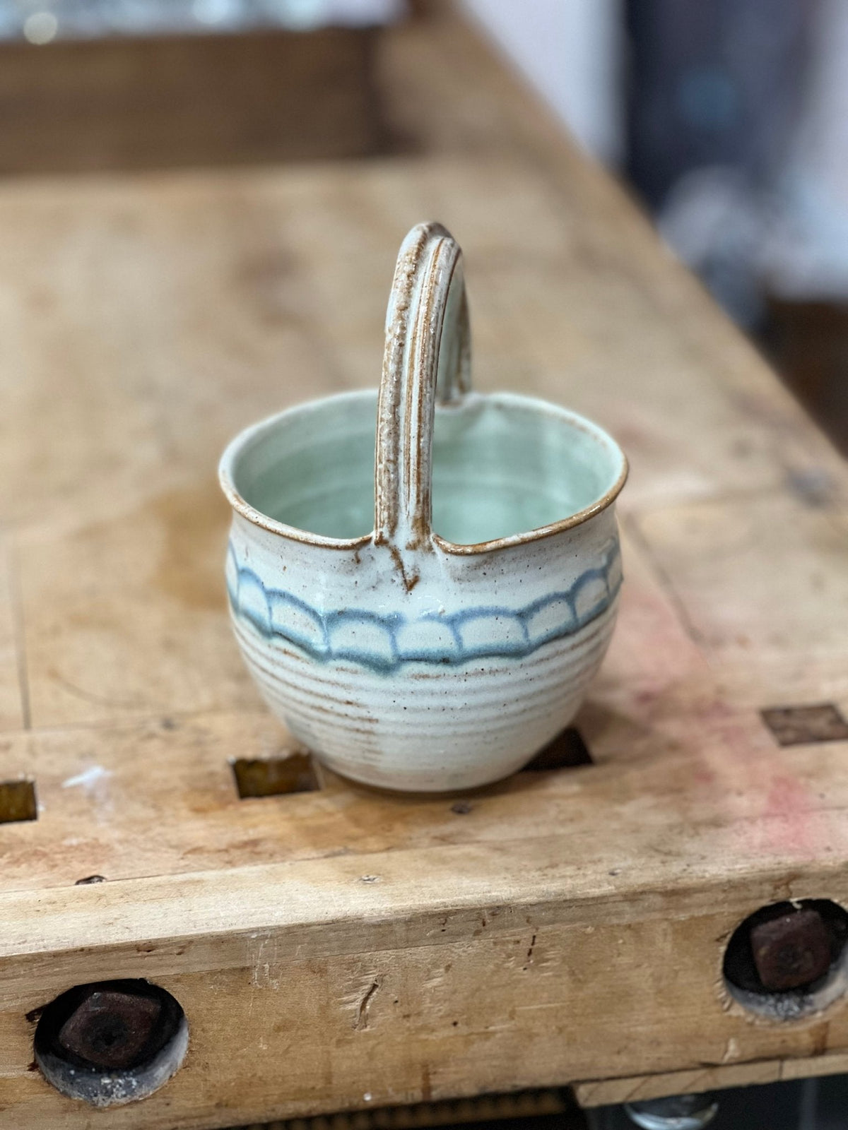 Handmade Stoneware Ceramic Basket – Blue Scallop 