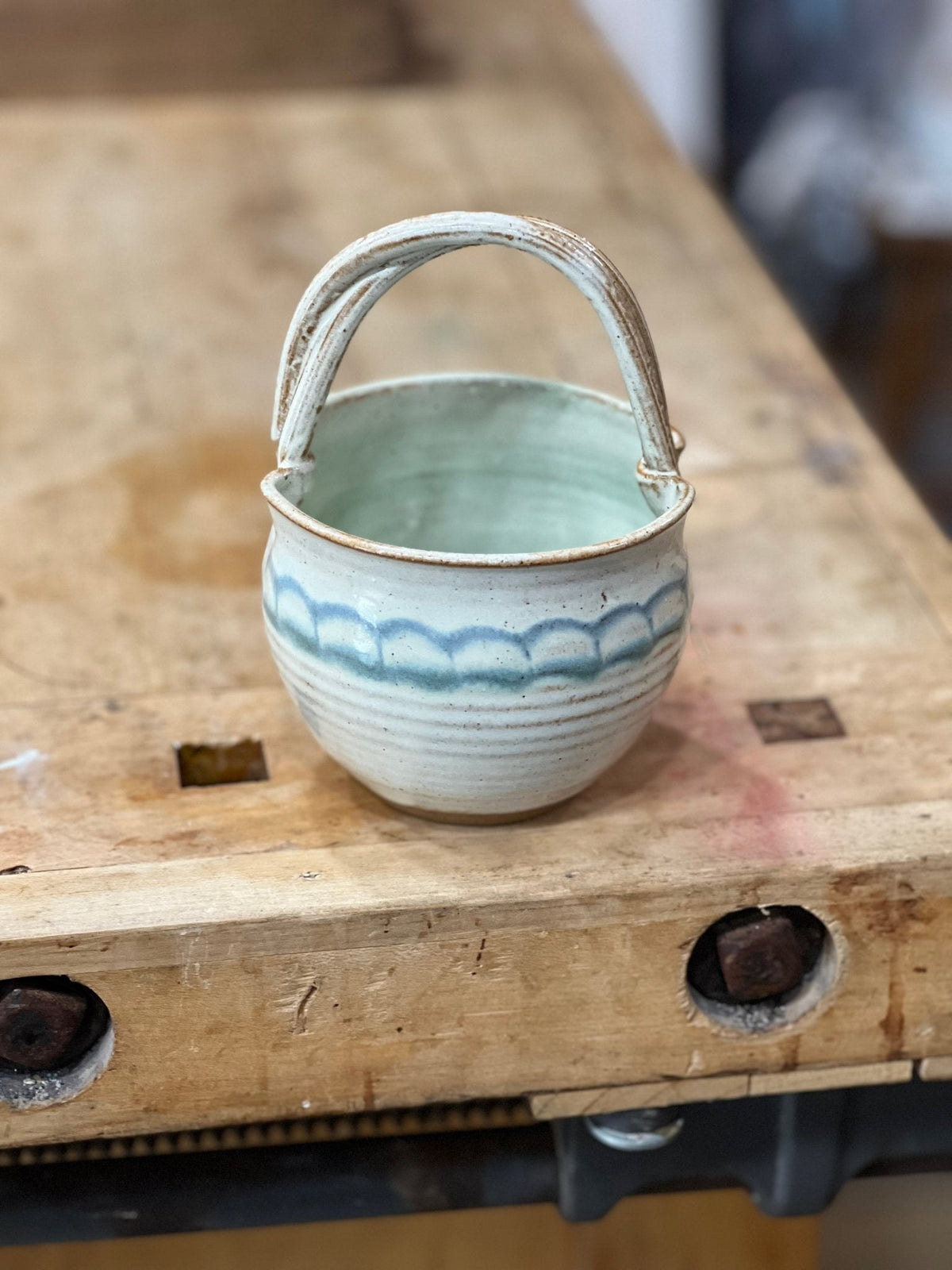 Handmade Stoneware Ceramic Basket – Blue Scallop 