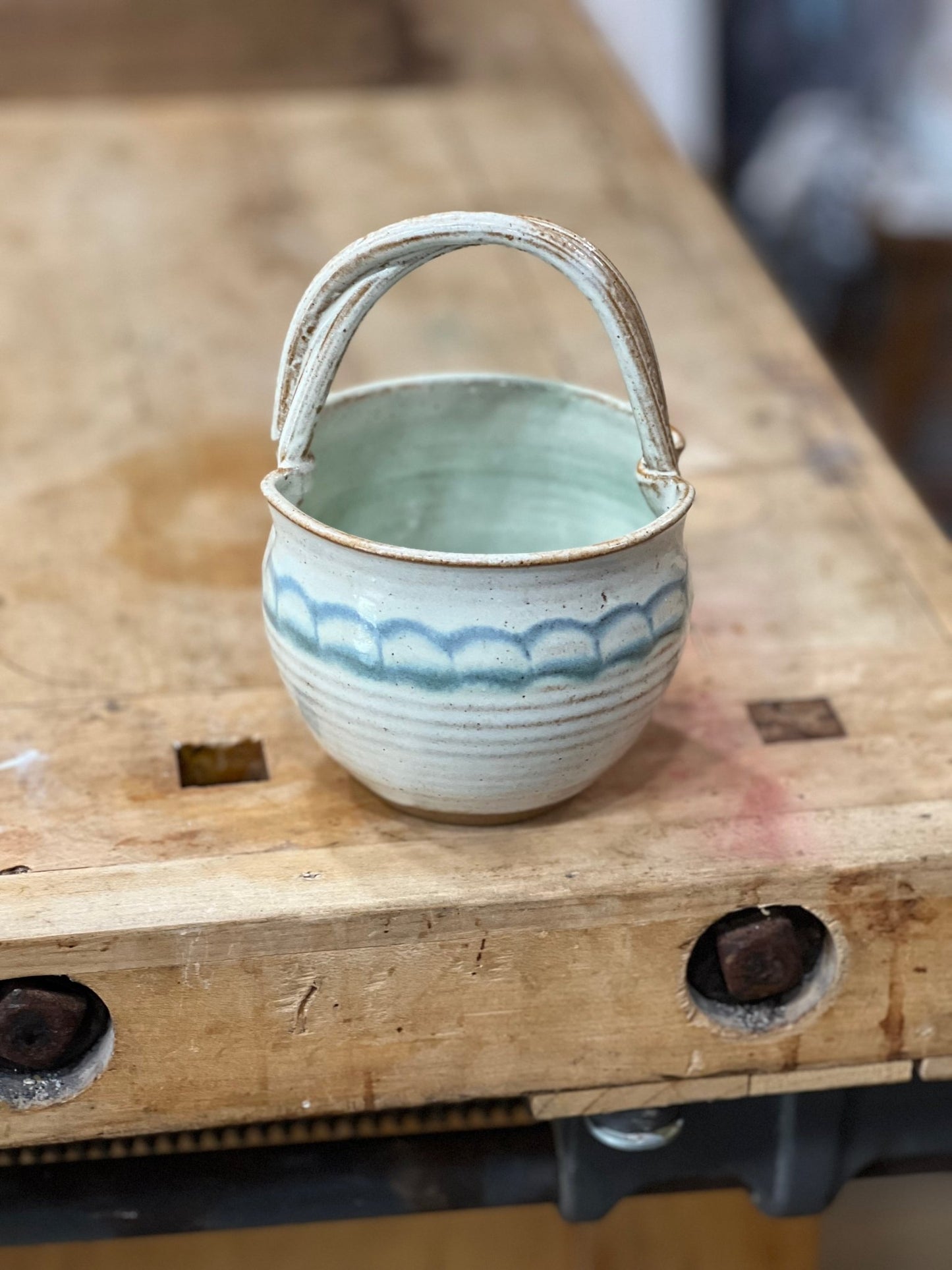 Handmade Stoneware Ceramic Basket – Blue Scallop