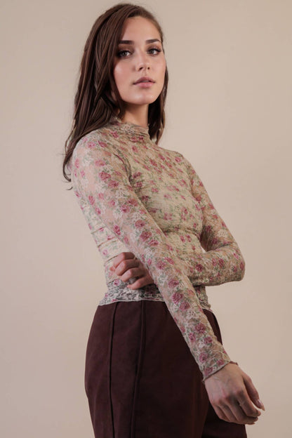 High Neck Fitted Sheer Mesh Lace Knit Top: BEIGE FLORAL - The Mustard Seed Collection, The Seed