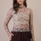 High Neck Fitted Sheer Mesh Lace Knit Top: BEIGE FLORAL - The Mustard Seed Collection, The Seed