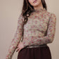 High Neck Fitted Sheer Mesh Lace Knit Top: BEIGE FLORAL - The Mustard Seed Collection, The Seed