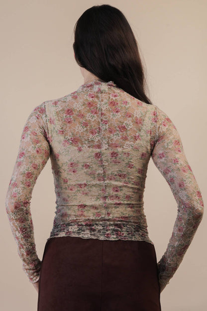 High Neck Fitted Sheer Mesh Lace Knit Top: BEIGE FLORAL - The Mustard Seed Collection, The Seed