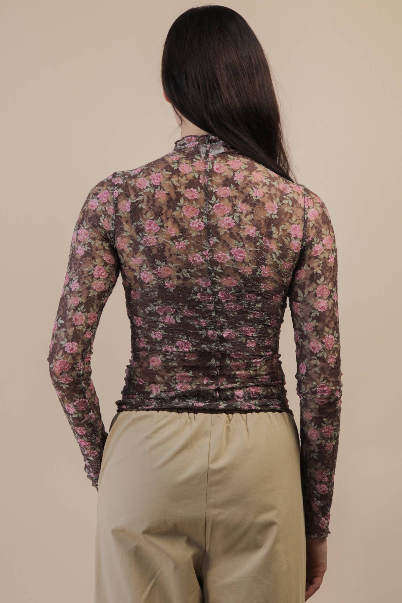 High Neck Fitted Sheer Mesh Lace Knit Top: BLACK BOW - The Mustard Seed Collection, The Seed