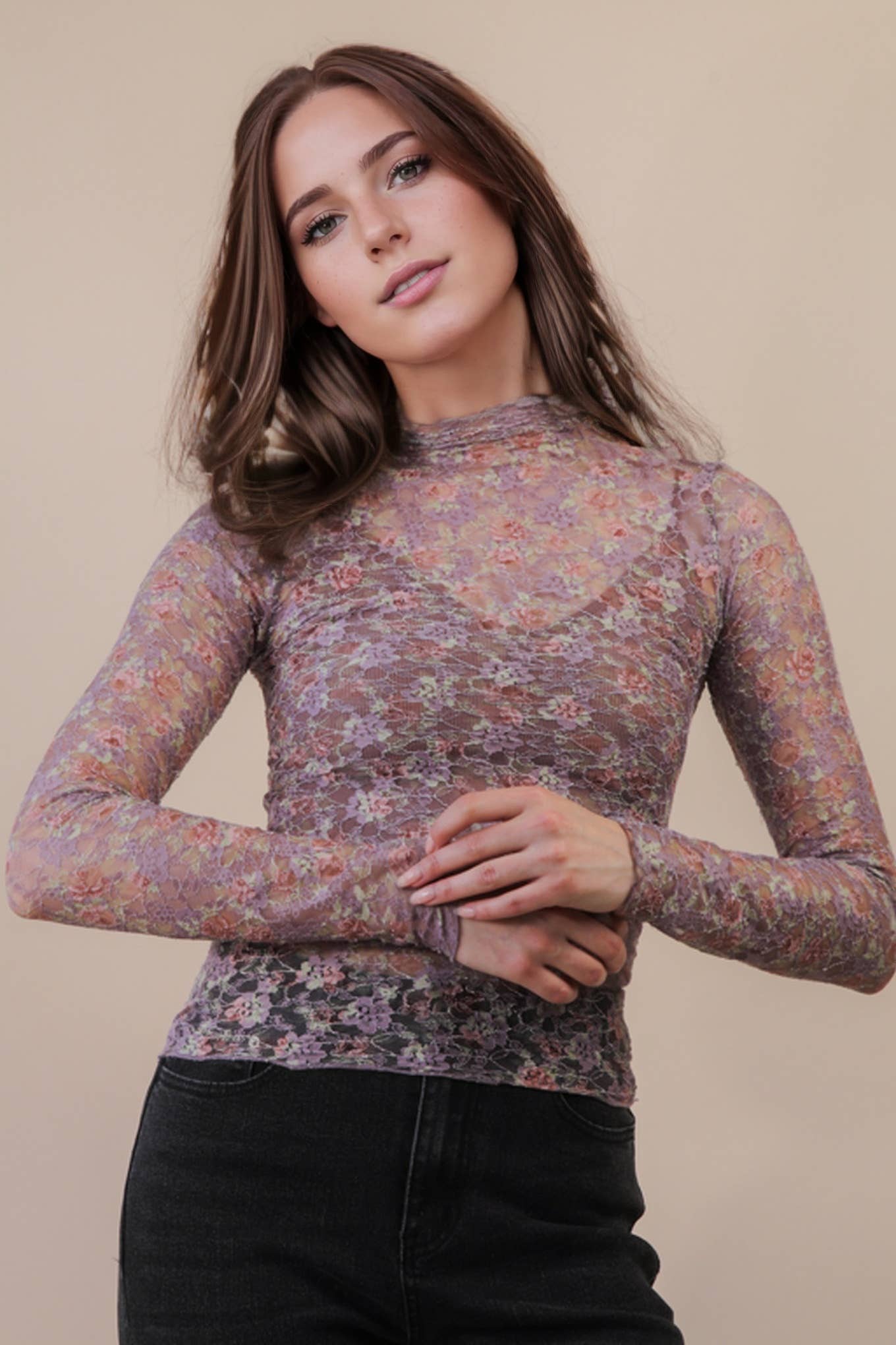 High Neck Fitted Sheer Mesh Lace Knit Top: BLACK BOW - The Mustard Seed Collection, The Seed