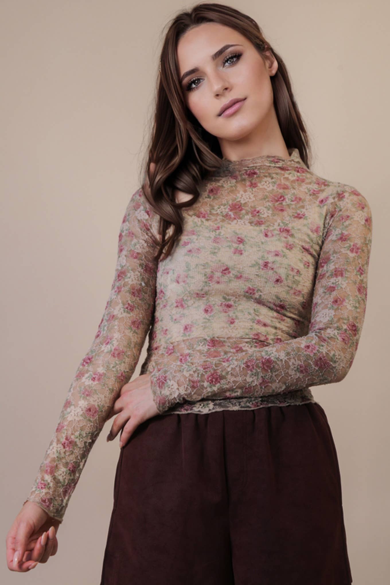 High Neck Fitted Sheer Mesh Lace Knit Top: BLACK BOW - The Mustard Seed Collection, The Seed