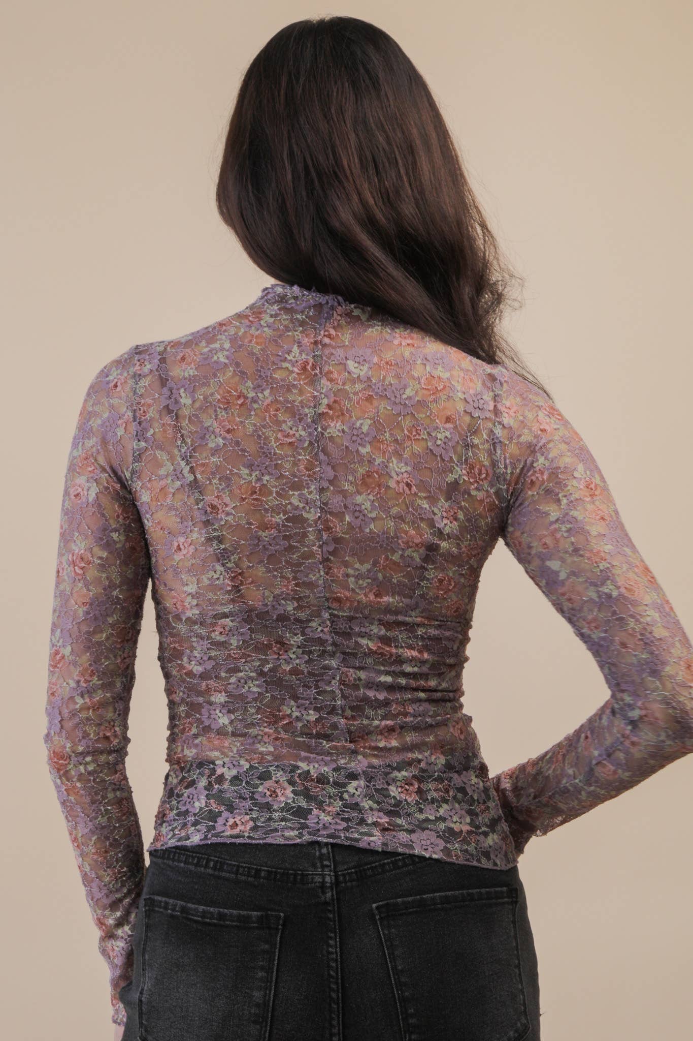 High Neck Fitted Sheer Mesh Lace Knit Top: BLACK BOW - The Mustard Seed Collection, The Seed